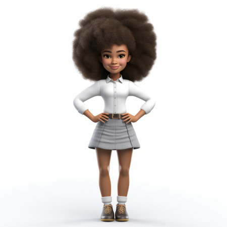 a 3d girl with a big afro showcases a joyful expression on her face, embodying the vibrant schoolgirl lifestyle. her detailed costume reflects the style of vancouver school attire, combining white and bronze elements. playful cartoons surround her, adding a touch of whimsy. this high-definition image is packed with blink-and-you-miss-it details. ai generatedの素材