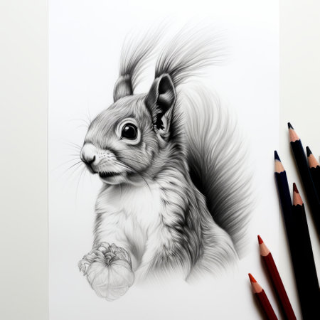 a pencil drawing of a squirrel with colored pencils, featuring dark crimson and light black tones. the detailed character illustration showcases clean and sharp inking, resulting in a black-and-white graphic. the hyper-realistic animal illustration is presented in a minimalistic black and white sketch style. this uhd image captures the intricate details of the artwork. ai generatedの素材