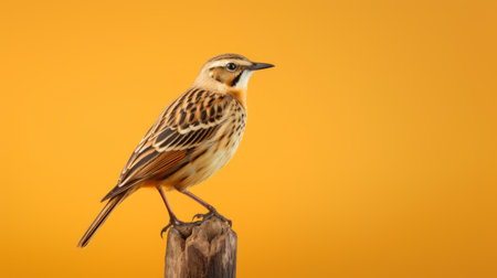 a bird perches gracefully beside a tree stump in this captivating photograph. the image is captured in a style reminiscent of saturated color fields, with hues of light brown and light amber dominating the scene. the minimal retouching enhances the natural beauty of the bird and its surroundings. horizontal stripes add a touch of visual interest, while the light orange and light gold tones createの素材