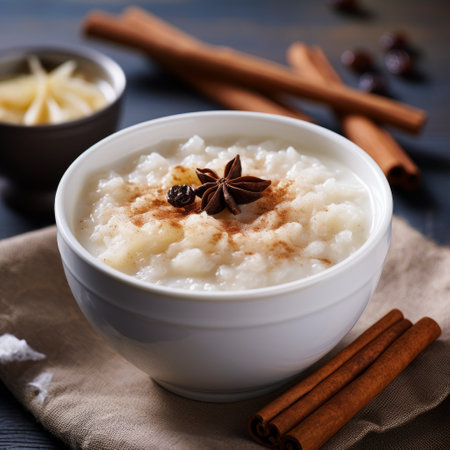 a photo of a rice pudding with cinnamon and cinnamon sticks, presented in a dark white and light red color scheme. the image showcases intricate details and draws inspiration from asian cuisine. the composition is visually captivating, with a bombacore aesthetic and a soft-focus effect. the background features a beautiful combination of dark sky-blue and light beige, adding a touch of subtlety to the overallの素材