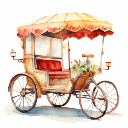 a vintage watercolored rickshaw with baskets and flowers isolated on white. this luxurious and lively tableau showcases a soft atmospheric perspective in the style of light red and light brown. the cabincore-inspired scene features elegantly formal character caricatures, creating a charming and nostalgic ambiance. ai generatedの素材