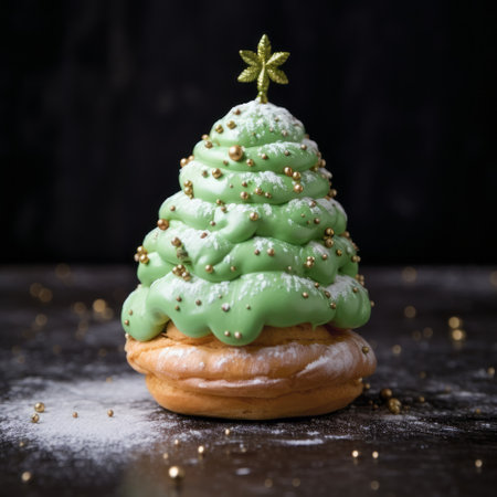 a small green christmas tree-shaped donut sits on a wooden background, showcasing a rococo extravagance style. captured with a canon eos 5d mark iv, this tabletop photograph highlights innovative techniques, spiky mounds, and a bold color palette. the composition reflects the influence of larme kei fashion. ai generatedの素材