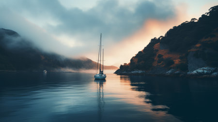 a yacht gracefully sails on the water during a breathtaking sunset, capturing the essence of michael shainblum's gauzy atmospheric landscapes. this romantic riverscape showcases an atmospheric and moody landscape, with soft and dreamy elements. the teal and orange hues add a touch of warmth and depth to the scene, beautifully captured with the zeiss batis 18mm f2.8 lens. ai generatedの素材