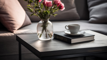 coffee, book, and bouquet of flowers beautifully arranged on a sleek grey tablet. this captivating photo showcases the grandiose interiors with its clear edge definition and polished craftsmanship. the contrasting colors of dark silver and light pink add an elegant touch. with its danish design and eye-catching detail, this 32k uhd image is truly mesmerizing. ai generatedの素材