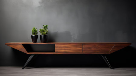a walnut sofa table sideboard, designed in a minimalist style, is showcased against a black and gray background. this indoor still life photograph features a low contrast, future tech aesthetic with an earth tone color palette. the image is captured in stunning 8k resolution. ai generatedの素材