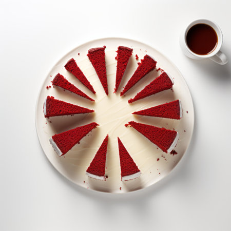 aerial photograph of a chocolate cake on a plate, showcasing a monochromatic color scheme in white and red. the style is reminiscent of mori kei, with calculated and fragmented advertising elements. the light white and crimson hues create an enticing visual appeal. ai generatedの素材