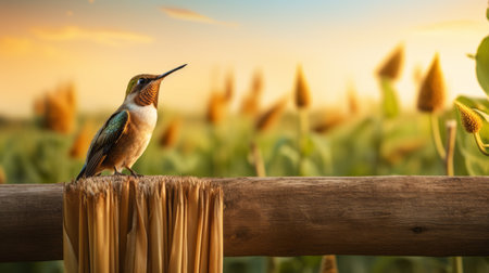 hummingbird perched on bamboo in a field, captured in a realistic still life style with dramatic lighting. this charming character illustration by john wilhelm showcases the beauty of rural america. the poetic descriptions of reality come to life through the use of vray tracing, resulting in a stunning 4k image. ai generatedの素材