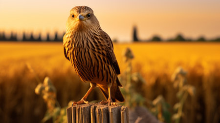 a brown bird sits gracefully on a wooden tree stump, bathed in the warm glow of golden light. the photo captures the essence of emotive fields of color and showcases the beauty of the french countryside. with its neo-classicist symmetry and contrast-focused composition, this image is a stunning example of geodesic structures. ai generatedの素材