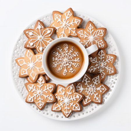 five gingerbread cookies are arranged in an uneven row on a white background. the top view of the photo captures the light and airy texture of the cookies. a cup of coffee is placed alongside the cookies, creating a cozy and inviting scene. ai generatedの素材