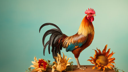 a rooster stands proudly by a wooden table adorned with vibrant flowers. this photograph captures the essence of bold and colorful miniature dioramas, with a dark cyan and light amber color palette. the portraitures are meticulously detailed, showcasing the photographer's skill. this captivating image, with its minimal retouching, won a contest and features colorful costumes. ai generatedの素材