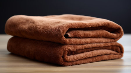 rolled towels on wooden table, dark orange, 8k resolution, focus stacking, brown, smooth and polished. texture-rich layers showcase the beauty of the towels. captured with the tokina opera 50mm f/1.4 ff lens, every detail is brought to life in this high-quality image. ai generatedの素材