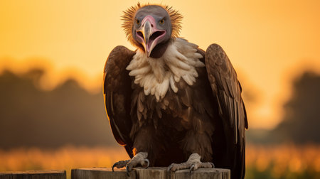 a majestic bird perched on a fence, captured in a stunning photograph with dramatic lighting. the bird's strong facial expression adds to the captivating composition. this national geographic photo showcases the bird's vibrant colors, with hints of light magenta and dark amber. the image exudes a sense of dynamism, reminiscent of a mythical creature like a manticore, with its lively facial expressions. ai generatedの素材