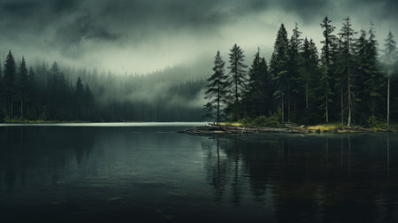 a stunning nature photograph capturing a serene lake surrounded by a dense forest. the moody atmosphere created by the clouds adds a touch of mystery to the scene. this high-resolution image showcases the beauty of nature, with its lush trees and captivating landscape. perfect for nature enthusiasts and lovers of post-apocalyptic landscapes, this uhd photo embodies the essence of american tonalism and the wilderness. aiの素材