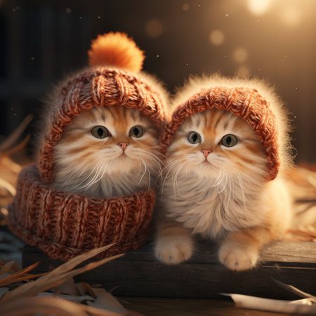 two adorable ginger kittens wearing knitted hats are captured in a soft and dreamy atmosphere, reminiscent of the style seen in unreal engine 5. the image showcases a beautiful blend of crimson and amber tones, enhanced by the use of zbrush and weathercore techniques. the golden light adds a touch of enchantment to this stunning composition. ai generatedの素材