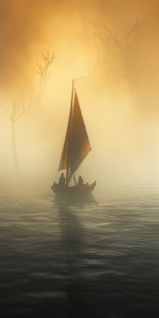 sea mist envelops the majestic mountains, reminiscent of classical historical genre scenes. the uhd image captures the intricate details of the ship's sails, while the light amber hues add a touch of warmth. this captivating artwork by caras ionut and felix vallotton beautifully depicts the serene beauty of rural life. ai generatedの素材