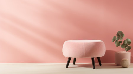a pink faux suede stool is placed against a pink wall, creating a charming vignette. the simplicity and monochromatic color palette of this abstract image exude an elegantly formal and serene mood. the rounded shape of the stool adds to the overall appeal, while the use of fabric and monochromatic depth enhances the visual impact. ai generatedの素材