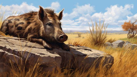 a captivating wallpaper featuring a warthog depicted in the enchanting style of storybook illustrations. this stunning image, captured with a nikon d850, showcases the essence of american scene painting and graphic novel realism. with its realist detail, the warthog stands out among chilling creatures, set against expansive landscapes that add depth and beauty to this mesmerizing composition. ai generatedの素材
