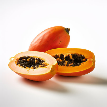 papayas, cut open and arranged on a white surface, showcase their vibrant colors in this innovative photograph. the light red and dark gold hues create bold lines, while the soft-edged shapes add a touch of elegance. with a cranberry core, these papayas exude a unique appeal. this captivating image, reminiscent of the 1000-1400 ce era, features a striking combination of light orange and black tones.の素材