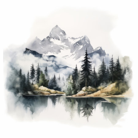 a watercolor illustration of a mountain landscape featuring waterfalls and a pond with reflections. the artwork is done in a style reminiscent of mist, with a color palette of light gray and dark emerald. it captures the essence of whistlerian landscapes and showcases environmental portraiture. this high-definition image showcases atmospheric woodland imagery and follows a traditional composition. ai generatedの素材