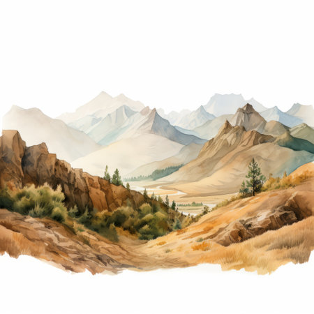watercolor illustration of a mountain range landscape, featuring realistic and hyper-detailed renderings. the painting is done in a beige and amber color palette, with elaborate borders. it captures the essence of california plein air and showcases environmental portraiture. the panoramic scale and high-contrast shading add depth and dimension to the artwork. ai generatedの素材