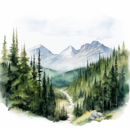 watercolor autumn forest mountain landscape with mountains and grasses on watercolor paper background. this illustration vector captures the essence of the whistlerian style, showcasing environmental portraiture. inspired by artists like kevin hill, the artwork features vibrant shades of green and emerald, creating a plein-air realism effect. the high-contrast shading adds depth and dimension to the scene. ai generatedの素材