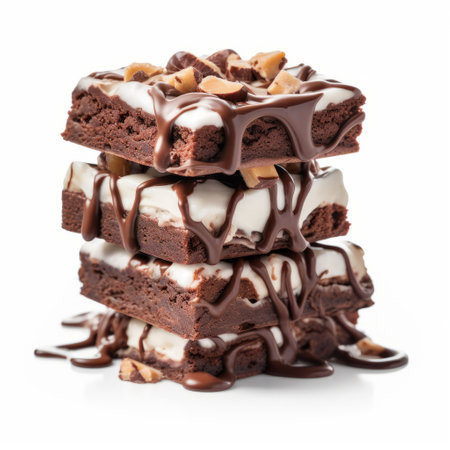 four brownies with a decadent combination of chocolate and peanut sauce drizzled on top. these brownies showcase a unique blend of masculine and feminine elements, with a mix of dark and white colors. the dimensional multilayering adds depth to the high-key lighting, while the bold structural designs make them visually striking. expertly wrapped, these brownies are a testament to skillful craftsmanship. ai generatedの素材