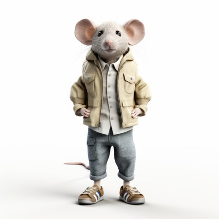 a mouse wearing a tan and blue suit and sneakers, showcasing intricate costume and fashion details. the style of the image is reminiscent of vray tracing, with a hip-hop flair. the overall aesthetic draws inspiration from artists such as jean restout the younger and raymond briggs, creating a simple yet adventurous theme. ai generatedの素材