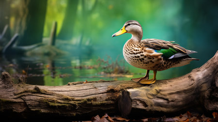 a duck perches on a log in a river, showcasing a vibrant saturated color scheme. the image features a light emerald and light brown palette, with soft-focus portraits capturing the duck's presence. this detailed wildlife photograph, created by mike campau, exhibits varied brushwork techniques. it is available under the creative commons attribution license. ai generatedの素材
