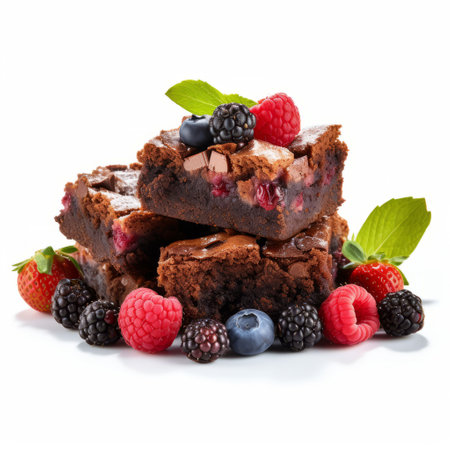 chocolate brownies topped with fresh berries and a sprig of mint are beautifully presented on a white background. the dark magenta and dark blue color scheme adds a touch of elegance to the image. softbox lighting enhances the transparency and opacity of the dessert, while colorful woodcarvings in the background create a visually appealing composition. this high-resolution uhd image is captured by the associated press.の素材
