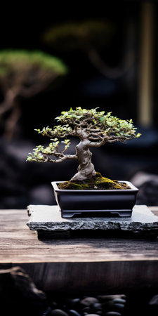 a small bonsai tree sits on a table, its intricate woodwork and timeless grace showcased against a dark silver and light green background. influenced by precisionism, the image captures the bold yet graceful essence of the bonsai. the elegant inking techniques and sharp focus further enhance its beauty. ai generatedの素材