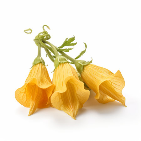 a yellow flower with three vibrant blooms and lush green leaves, set against a crumpled white background. this unique floral arrangement showcases theatrical gestures and is created using focus stacking techniques. inspired by the shang dynasty, this captivating image is a delightful blend of nature and artistry, reminiscent of a cheese sculpture. ai generatedの素材