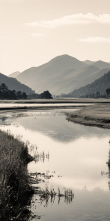 a serene and peaceful ambiance is captured in this photo of a mountain range covered in clouds, with a small river flowing in the foreground. the image is reminiscent of the heian period and features brushstroke fields. the use of the petzval 85mm f22 lens adds a monochromatic contemplation to the scene, reminiscent of the dansaekhwa art style. the overall effect is a lively coastalの素材