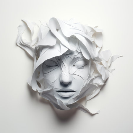 a paper cut-out artwork of a face, intricately layered and textured with shredded white paper. this unique piece showcases the style of zbrush, graceful sculptures, and expressive character designs. the slumped and draped appearance adds depth to the ceramic-like features. captured with the sony alpha a1, this hyperrealistic fantasy creation is truly mesmerizing. ai generatedの素材