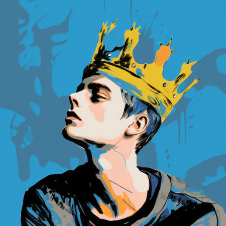 a digital drawing of ryan wearing a crown, reminiscent of cecil beaton's style, is depicted in this image. the drawing, created on a wacom tablet, showcases expressive lines inspired by matisse's art. the use of fine-tip pen in white and yellow adds depth to the drawing. with a resolution of 32k and super-resolution technology, this artwork is presented in uhd quality. ai generatedの素材