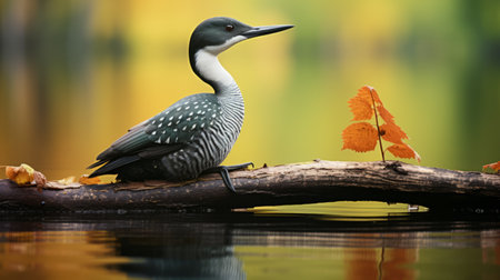 a bird perches on a log in a lake, showcasing realist lifelike accuracy. the image captures the bird's dark emerald and gray plumage, while the surrounding scenery reflects the influences of dansaekhwa and wimmelbilder art styles. shot with a mamiya rb67 camera, the vibrant color combinations and dotted details add depth to the composition. ai generatedの素材