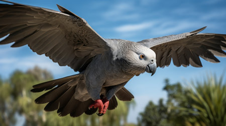 a parrot gracefully soars through the air, its vibrant wings fully extended. this captivating image, captured with a nikon d850 and tokina at-x 11-16mm f/2.8 pro dx ii lens, showcases the parrot's beauty in a hyperrealistic and photorealistic style. the australian landscapes serve as a stunning backdrop, adding an emotional touch to the cranberrycore-inspired composition. ai generatedの素材