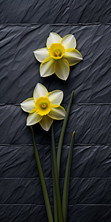 two yellow daffodils stand gracefully on a brick, creating a striking contrast against the black background. this photograph captures the essence of the dusseldorf school of photography with its gray tones and high resolution. the porcelain-like quality of the flowers adds an unexpected touch, while the gentle whimsy is enhanced by the combination of fabrics. ai generatedの素材