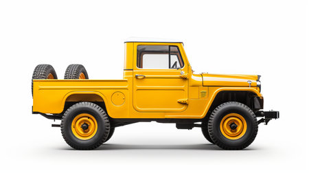 a photo of a yellow and amber jeep model 1200 is showcased in this hyper-detailed rendering. the realistic style captures the bold and vibrant essence of the vehicle. inspired by ssaku hanga and the bengal school of art, this image is a stunning representation of the jeep's design. shot with an agfa clack camera, the photo exhibits a unique and captivating aesthetic. ai generatedの素材