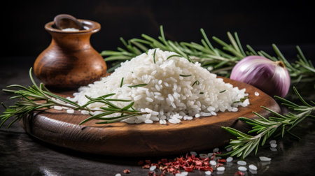 a photo of white rice presented in a wooden bowl, accompanied by vibrant herbs, including chilli pepper and rosemary. this stock photo captures the essence of dark and moody still lifes, reminiscent of the works of salvator rosa and alberto burri. with a uhd image quality, it showcases elements of jewish culture themes and lively tableaus, creating a rounded visual experience. ai generatedの素材
