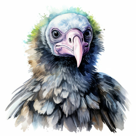 a vulture bird character is portrayed in this oil paisley painting vector, created in the style of an aquarellist. the artwork showcases an aurorapunk theme with high resolution and uhd image quality. the color palette consists of light magenta and dark gray, enhancing the emotional watercolor effect. this piece beautifully combines elements of animals and people. ai generatedの素材