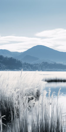 an empty water body surrounded by tall plants creates a serene pastoral scene. the light indigo and light gray color palette, reminiscent of the danube school, enhances the monochromatic and nature-inspired imagery. this tranquil composition, captured with fujifilm natura 1600, evokes the beauty of mountainous vistas. ai generatedの素材