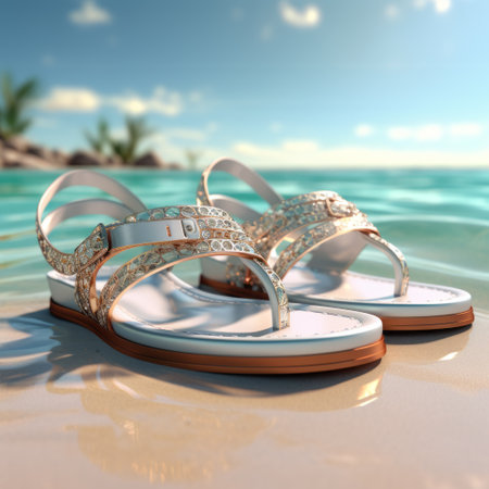 a pair of gold-colored sandals with a golden strap is showcased on a sandy beach. the realistic and hyper-detailed renderings highlight the sterling silver accents. the photo, taken with provia, features a creative commons attribution. the sandals exhibit a combination of white and emerald colors, with elaborate detailing. the image is enhanced with vray. ai generatedの素材