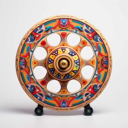 a wooden drum with a colorful painting, featuring futurist mechanical precision and reimagined religious art. the golden palette and miniature sculptures add to its visual appeal. captured with a wide-angle lens, the photograph showcases symmetrical balance and a vibrant, complex color scheme. ai generatedの素材