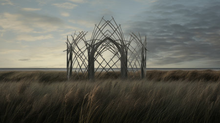 a wooden pavilion, resembling conceptual light sculptures, stands amidst tall grasses. its design draws inspiration from muted seascapes, gothic romanticism, and scottish landscapes. constructed with vines, this symmetrical arrangement is brought to life through the use of cinema4d rendering. ai generatedの素材