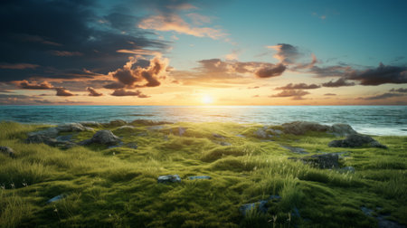 grass and rocks on a green field near the sea, showcasing the richly colored skies in a stunning photo reminiscent of national geographic's high-quality imagery. this nature-inspired daz3d capture beautifully captures the atmospheric ambiance of norwegian nature. ai generatedの素材