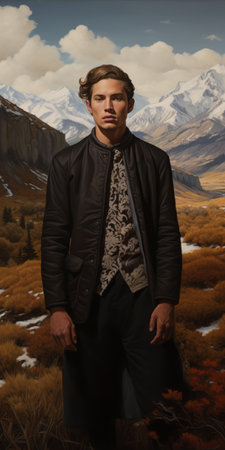 a man stands in a field, surrounded by majestic mountains in this photorealistic painting. the artwork, inspired by the style of leatherhide, showcases intricate detailing and hidden elements. the dark and brooding design, reminiscent of precisionist artists like thomas blackshear and andrea mantegna, adds depth and intensity to the composition. ai generatedの素材