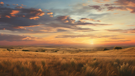 a panoramic photograph capturing a flat grass field at sunset, adorned with beautiful clouds. this stunning image showcases the style of australian landscapes, evoking a sense of cowboy imagery and the captivating essence of national geographic photography. the realistic and highly detailed depiction of the prairiecore scenery is enhanced by soft, tonal colors, creating a mesmerizing and immersive experience. ai generatedの素材