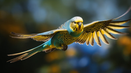 an auk parakeet gracefully soars through the air, showcasing its vibrant light turquoise and yellow feathers. the detailed perfection of its plumage is captured in this high-energy imagery, with hints of light brown and sky-blue adding depth to the multilayered dimensions. this stunning photograph was taken with a nikon af600, reminiscent of the artistic style of dora carrington. ai generatedの素材