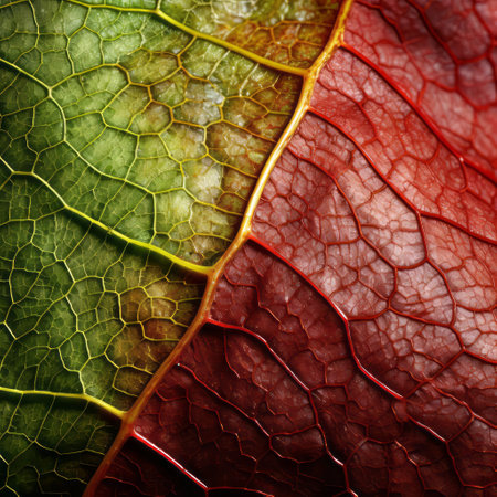 three stunning macro lens photos capturing the vibrant colors of autumn leaves. inspired by the artistic style of george frederic watts, these images showcase a beautiful blend of red and green gradients. the organic geometry of the leaves is highlighted, with strong contrasts between light and dark. the intricate striated resin veins add a mesmerizing touch. these captivating visuals have been skillfully rendered in cinema4d.の素材
