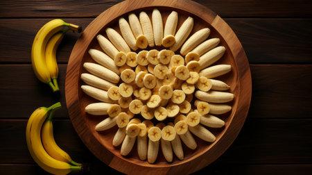a bowl of sliced bananas and pears, arranged in a symmetrical and textured manner, is captured from an aerial view. the low-resolution image showcases a combination of natural and man-made elements, with a wooden background. this unique composition exudes a caninecore aesthetic, making it visually intriguing. ai generatedの素材